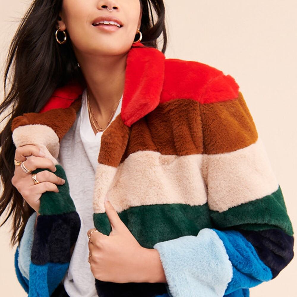 Blank NYC (L) Rainbow Colorblock Faux Fur Jacket Teddy Coat Plush NWT